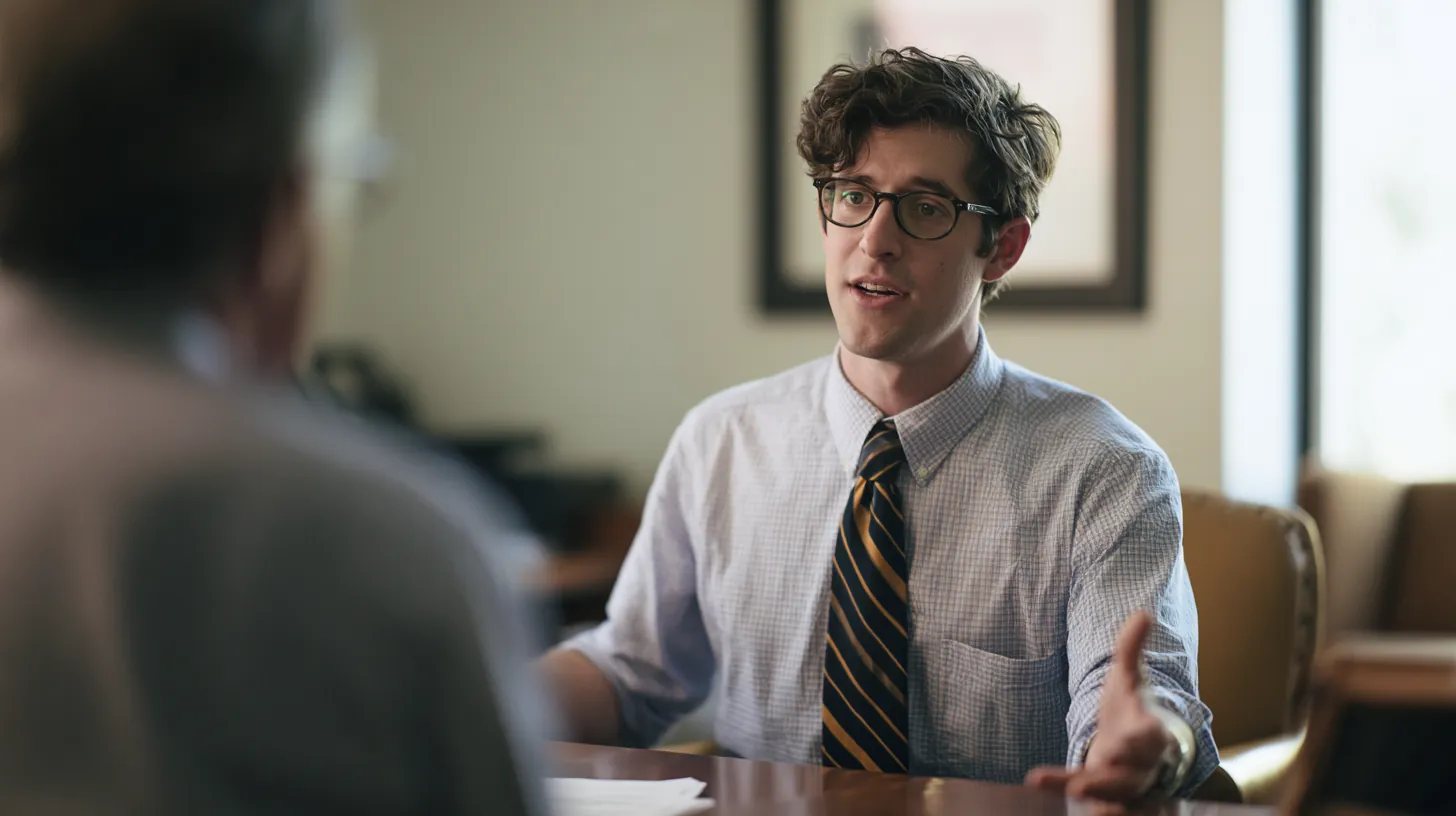 Determined man in his late twenties meeting with a financial counselor across an office desk