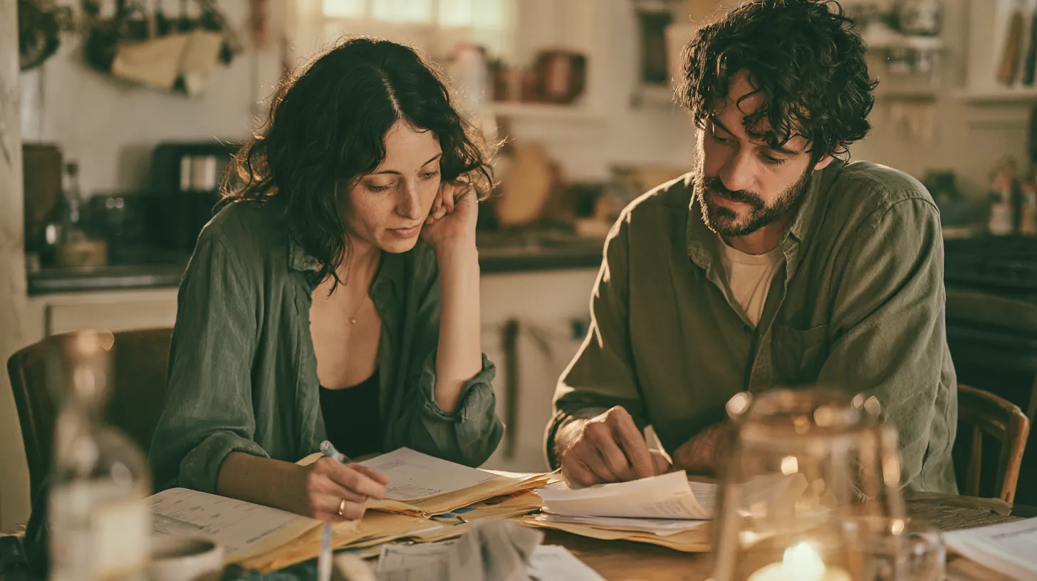 Couple at a kitchen table organizing several bills into one folder for debt consolidation
