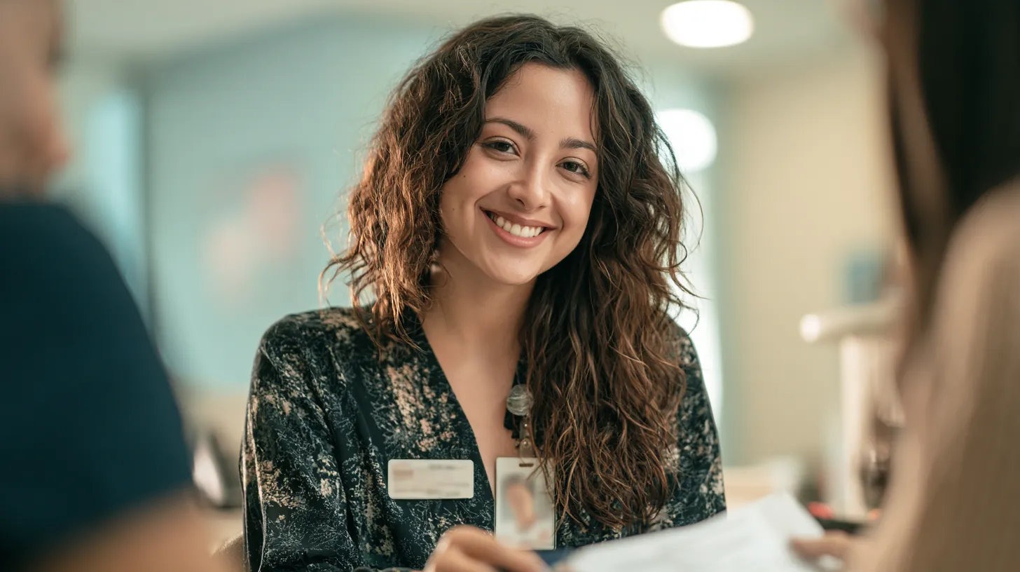 Friendly receptionist assisting a patient with billing paperwork at a small medical clinic front desk