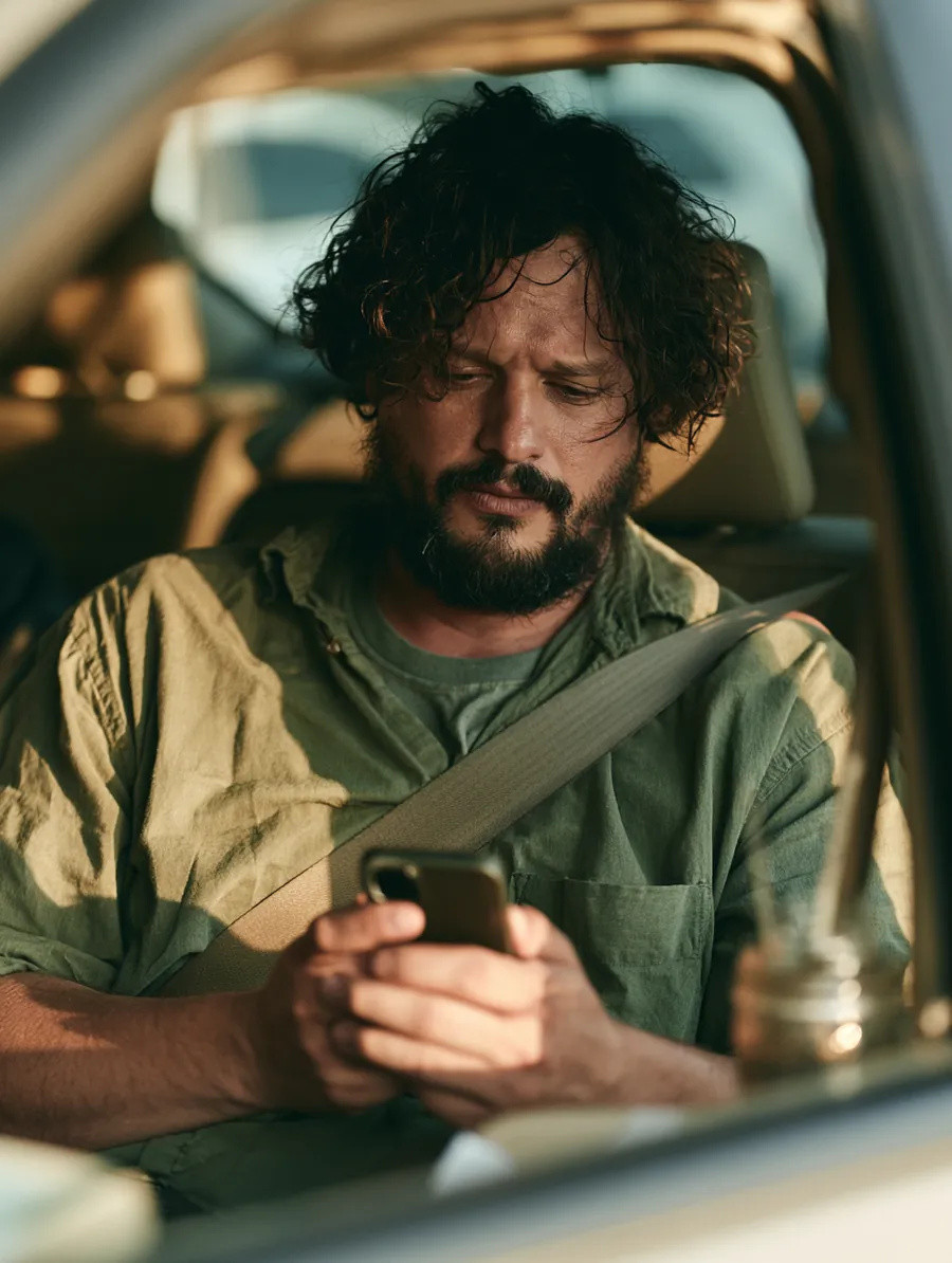 Rideshare driver reviewing his weekly earnings on a phone while parked